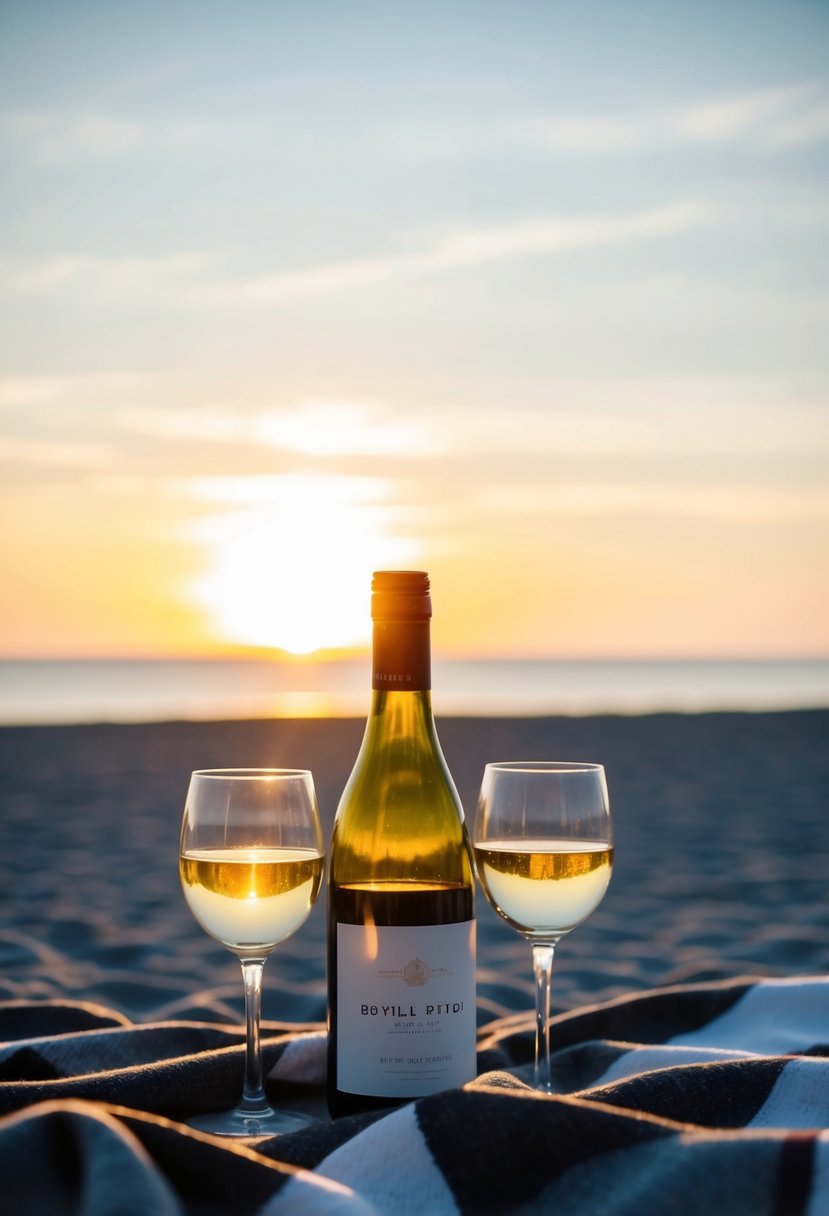 A bottle of wine and two glasses sit on a blanket as the sun sets over a calm beach