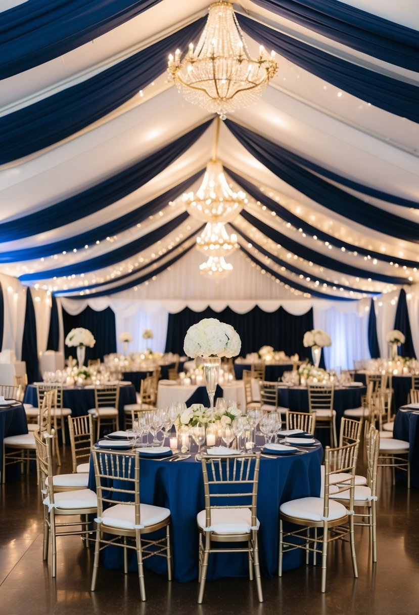 A grand reception tent adorned in navy blue and gold, with elegant decor and twinkling lights