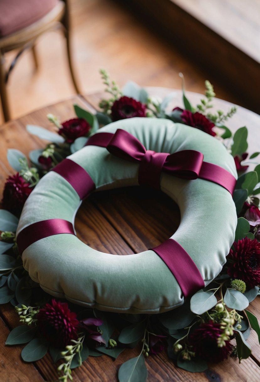 A sage green ring bearer pillow with burgundy accents sits on a wooden table, surrounded by matching floral decorations