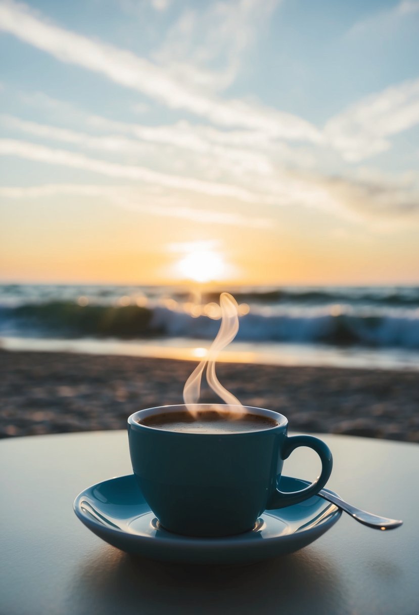 A beach scene at sunrise with a steaming cup of coffee on a table, waves crashing in the background