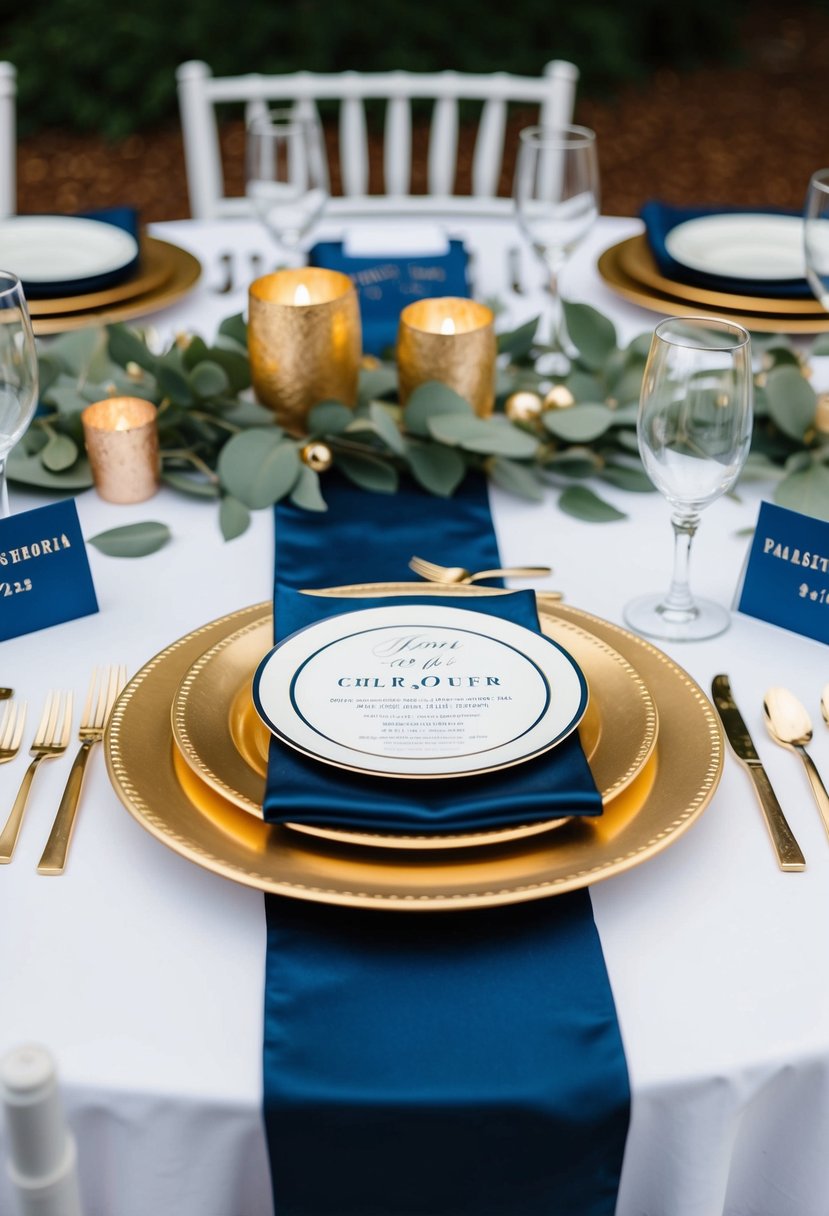 Gold charger plates arranged with navy blue and gold decor for a wedding table setting