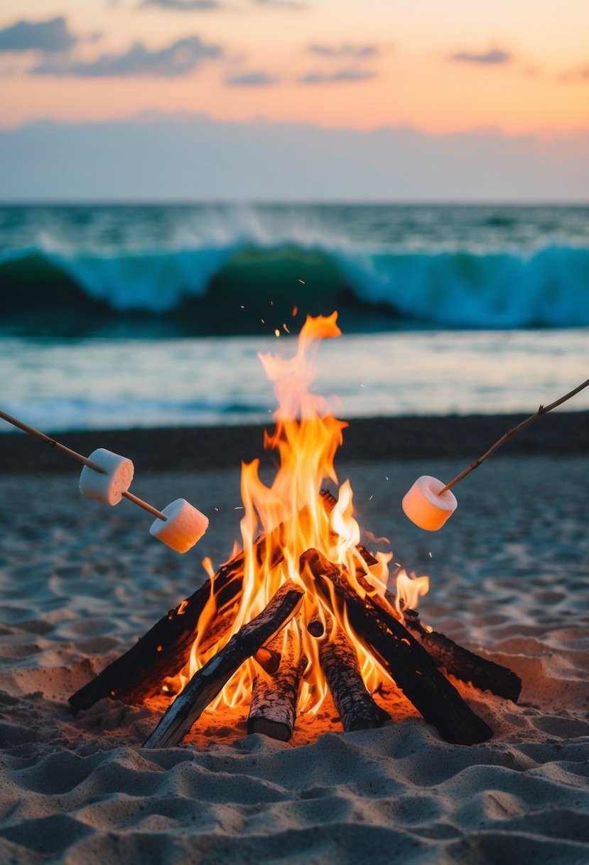 A bonfire crackles on a sandy beach, marshmallows roasting on sticks. Waves crash in the background as the sun sets