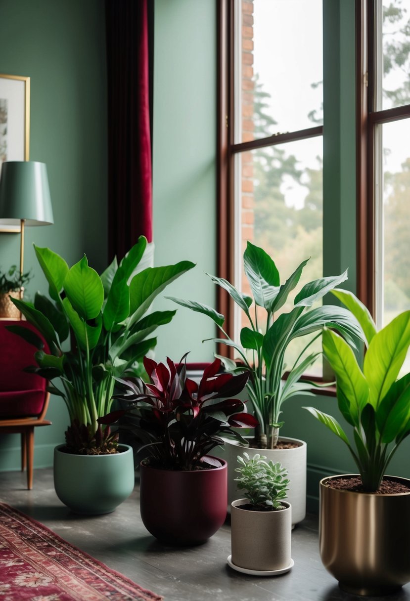 Burgundy and sage house plants arranged in a room with sage green and burgundy decor