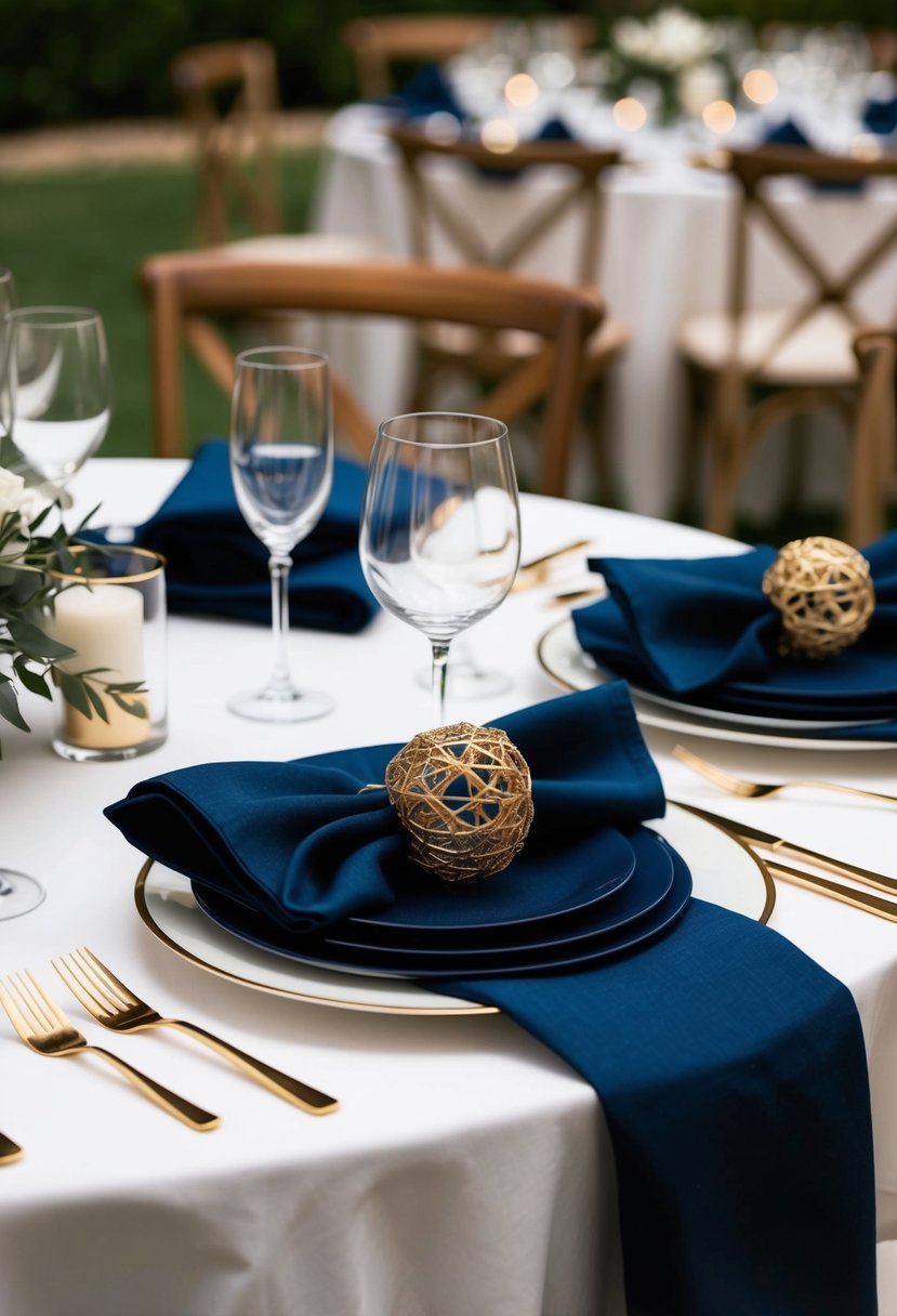 A table set with navy blue napkins and gold accents for a wedding