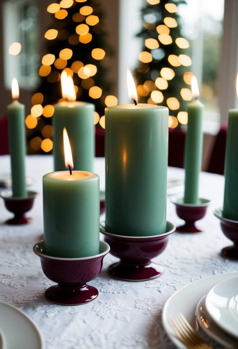 Sage green candles in burgundy holders arranged on a white tablecloth