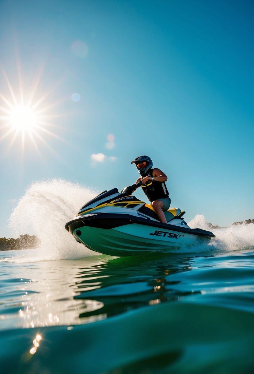 A jet ski speeding across the water, creating a spray of waves under a sunny sky