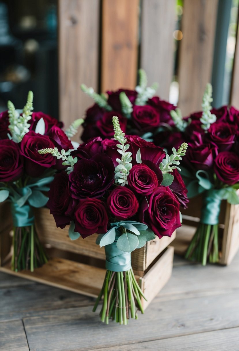 Burgundy bridesmaid bouquets with sage green accents arranged in a rustic wooden crate