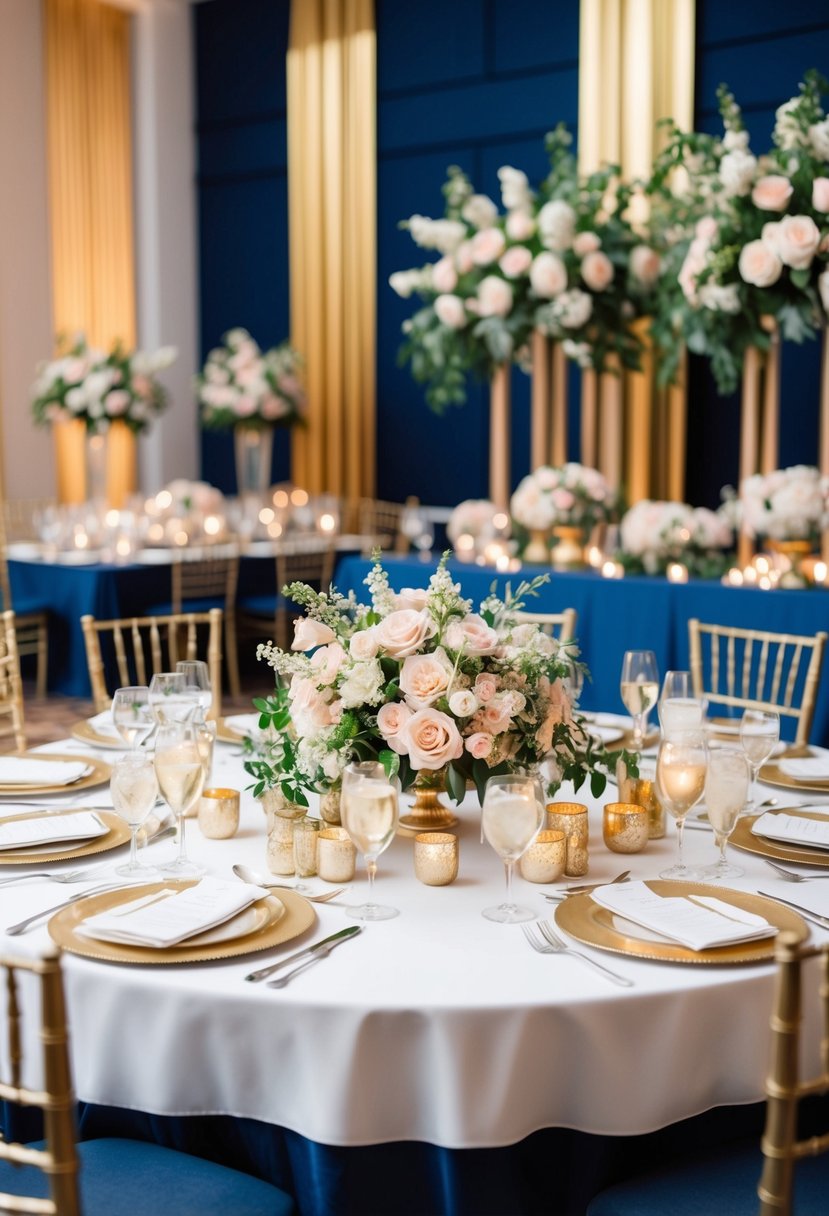 A lavish wedding reception table adorned with gold and blush bouquets against a backdrop of navy blue and gold accents