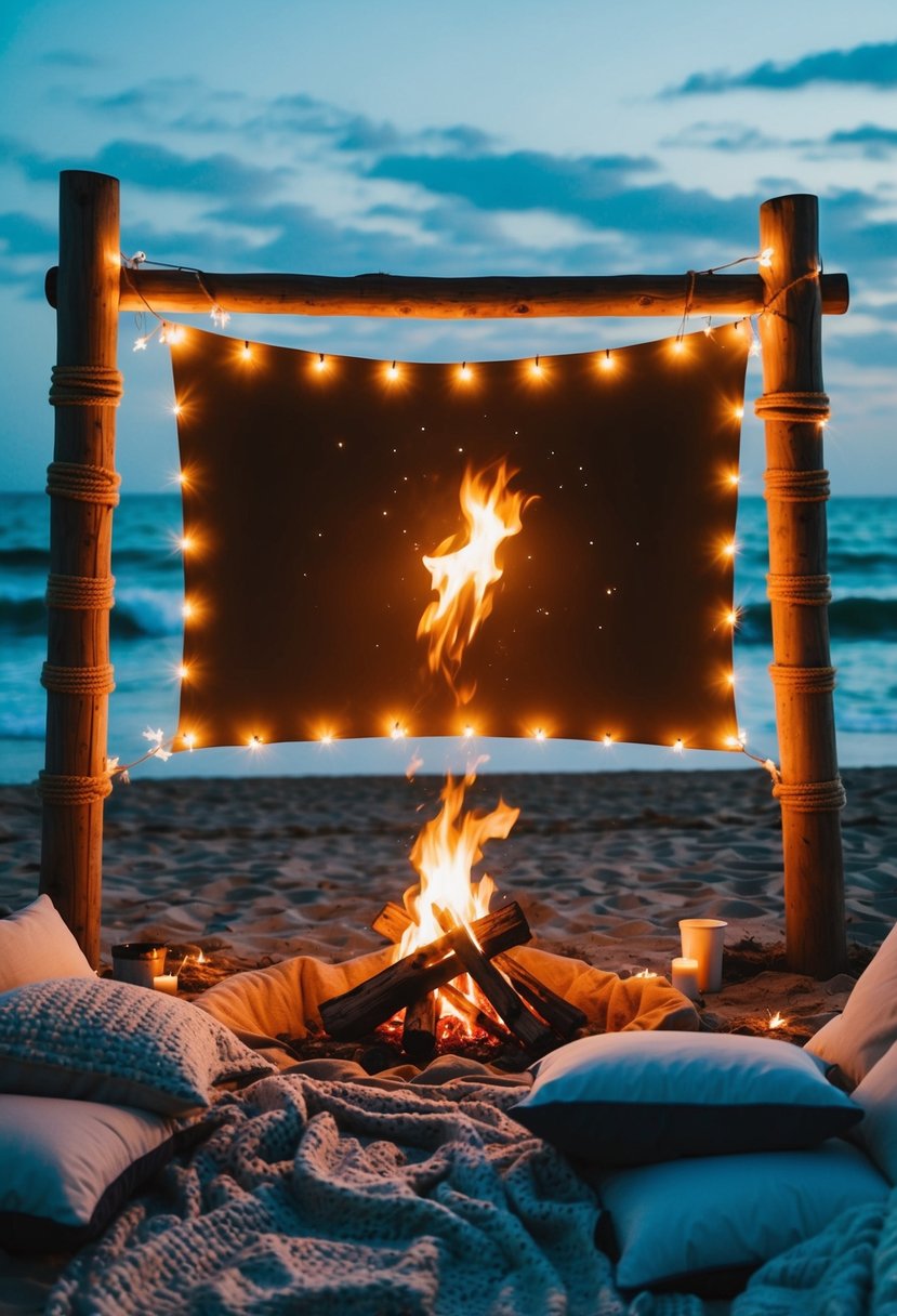 A beach bonfire illuminates a makeshift outdoor movie screen under the stars, surrounded by cozy blankets and pillows. Waves gently crash in the background