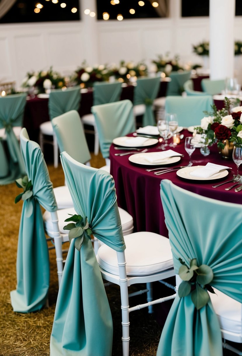 Sage green chair covers draped over chairs, paired with burgundy table settings and floral arrangements for a wedding reception