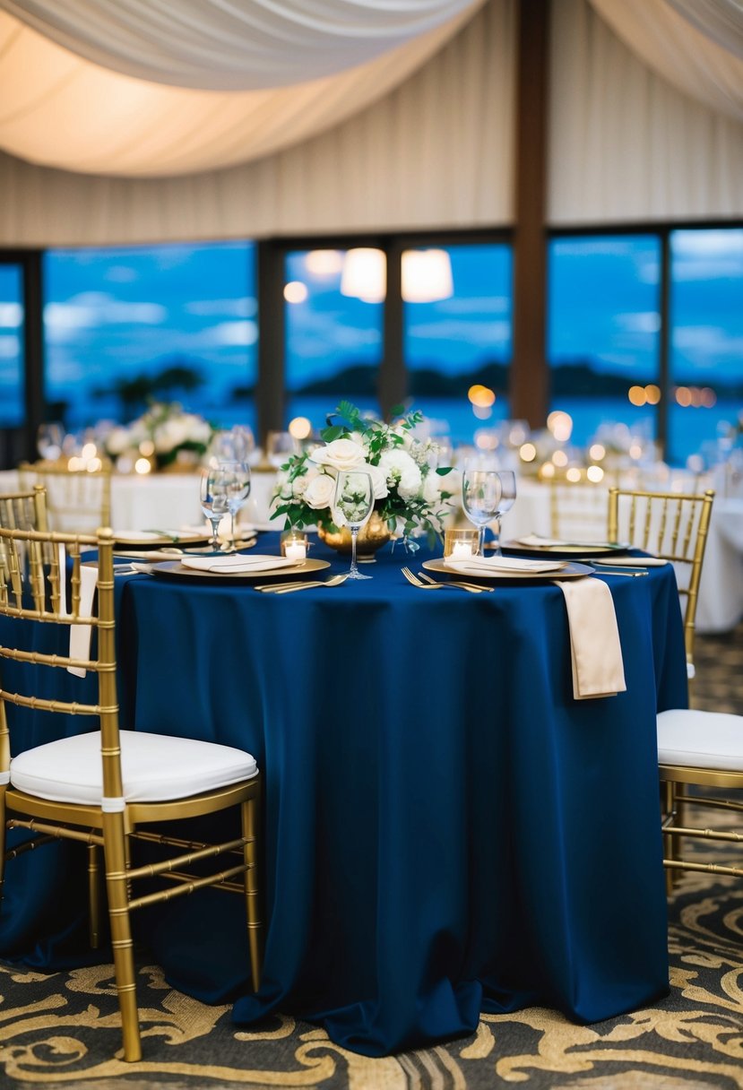 A navy blue tablecloth with gold accents set for a wedding reception