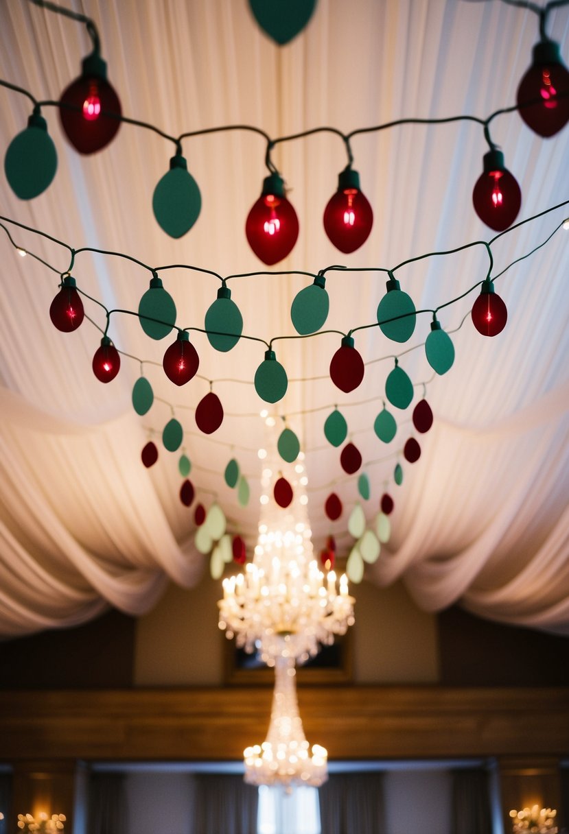 Burgundy and sage green light strings hang above a wedding reception, casting a warm and romantic glow over the elegant decor