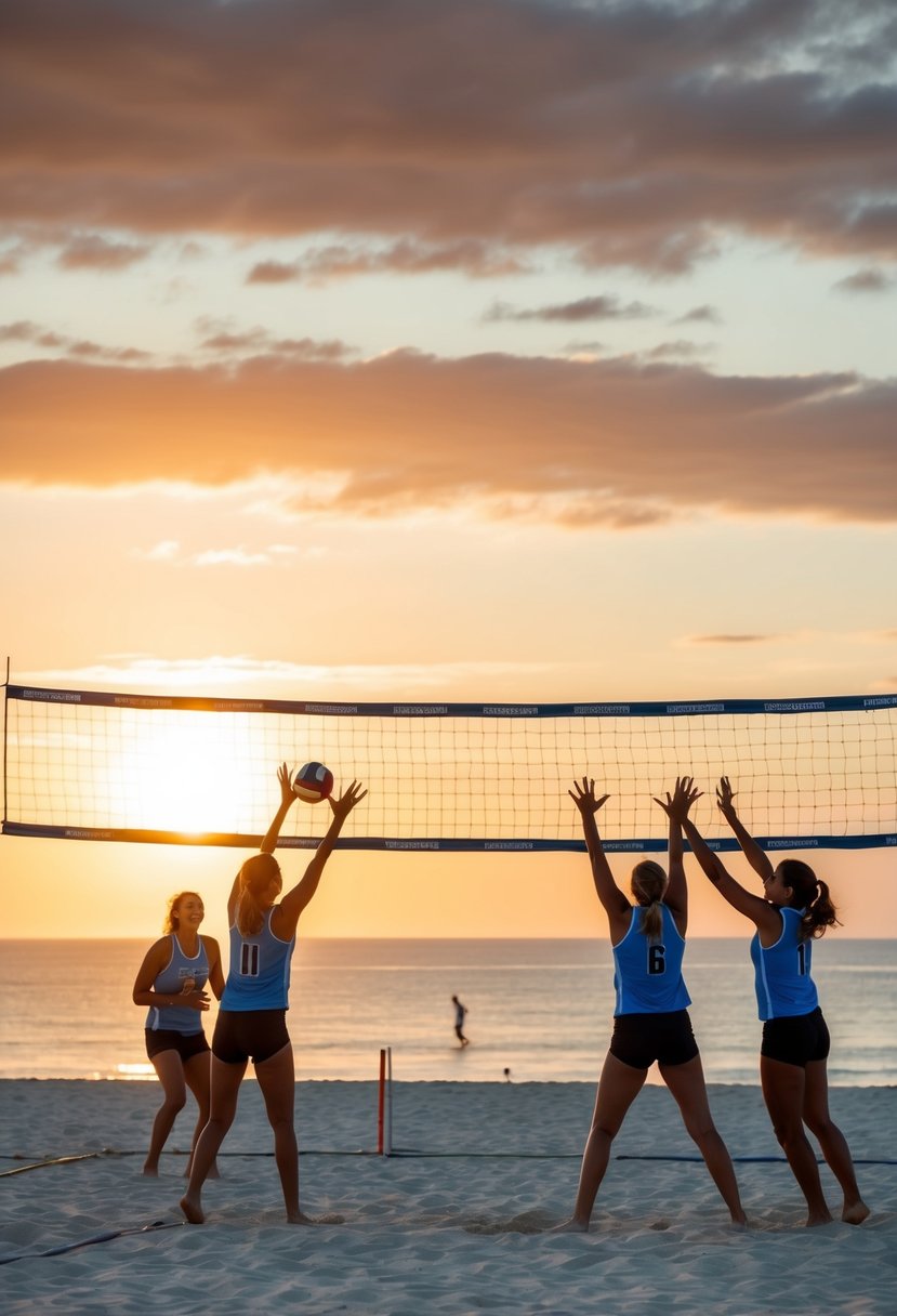 Two teams play beach volleyball, with the sun setting over the ocean in the background