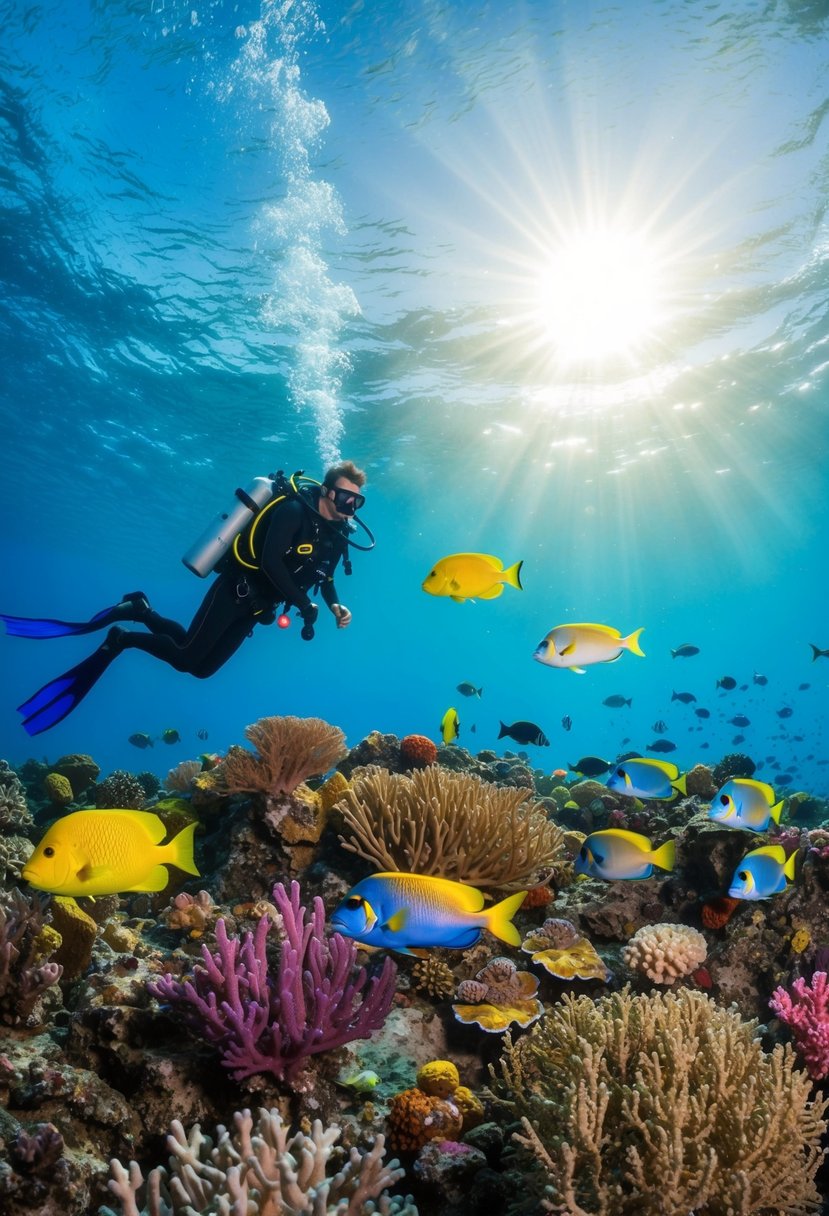 A colorful coral reef with vibrant fish and a scuba diver exploring the underwater world. Sunlight filters through the clear water, creating a serene and captivating scene