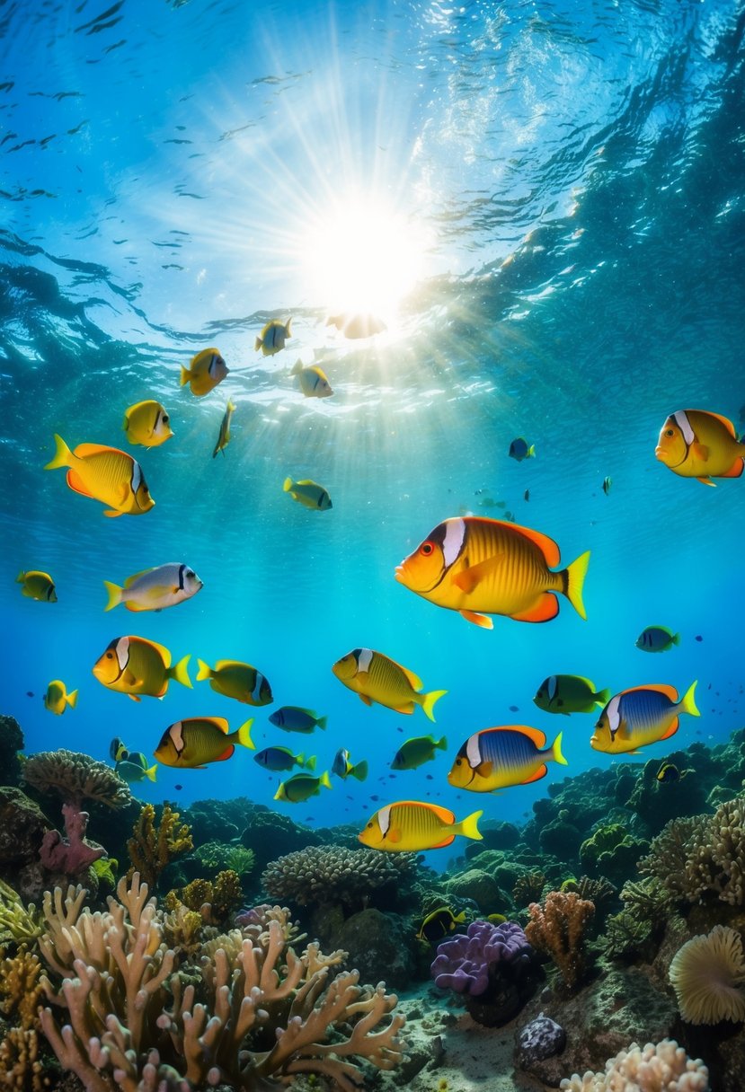 Colorful fish swim among vibrant coral in crystal-clear water. Sunlight filters through the waves, illuminating the underwater world