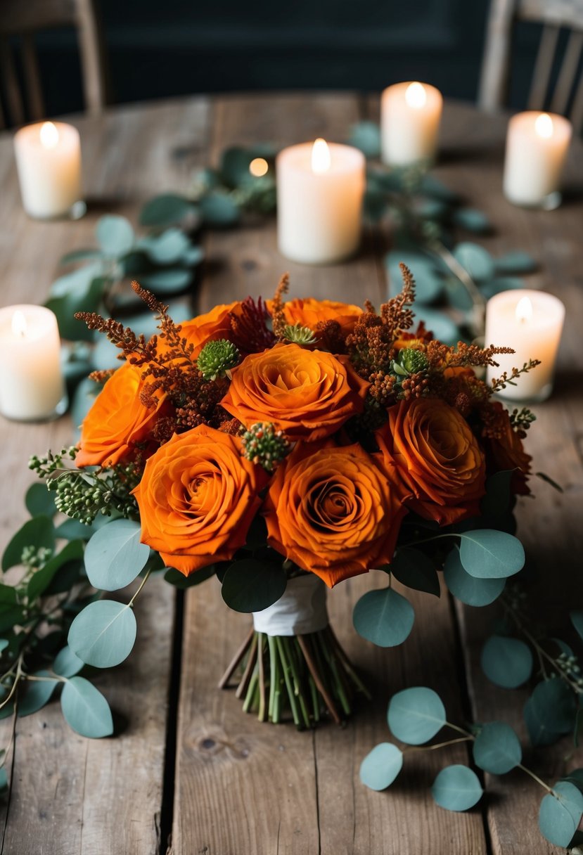 A burnt orange wedding bouquet sits on a rustic wooden table, surrounded by muted greenery and soft candlelight