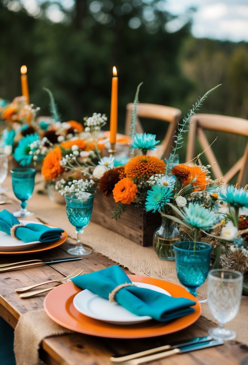 A rustic wedding table setting with burnt orange and teal accents, featuring burlap, wood, and wildflowers