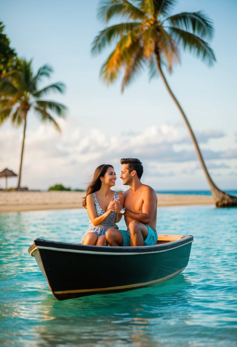 A couple in a small boat, surrounded by calm, turquoise waters, with a sandy beach and palm trees in the background