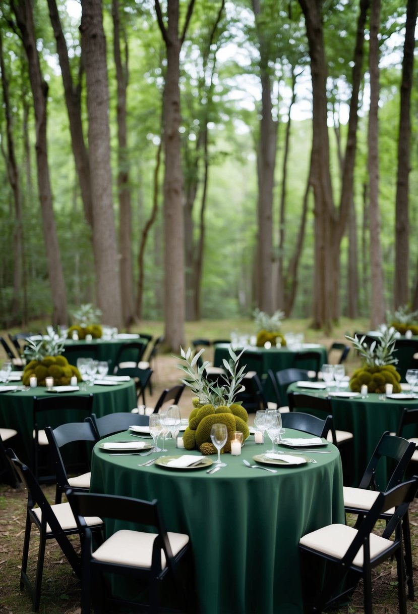 A lush forest clearing with army green tablecloths, moss-covered centerpieces, and olive branch accents