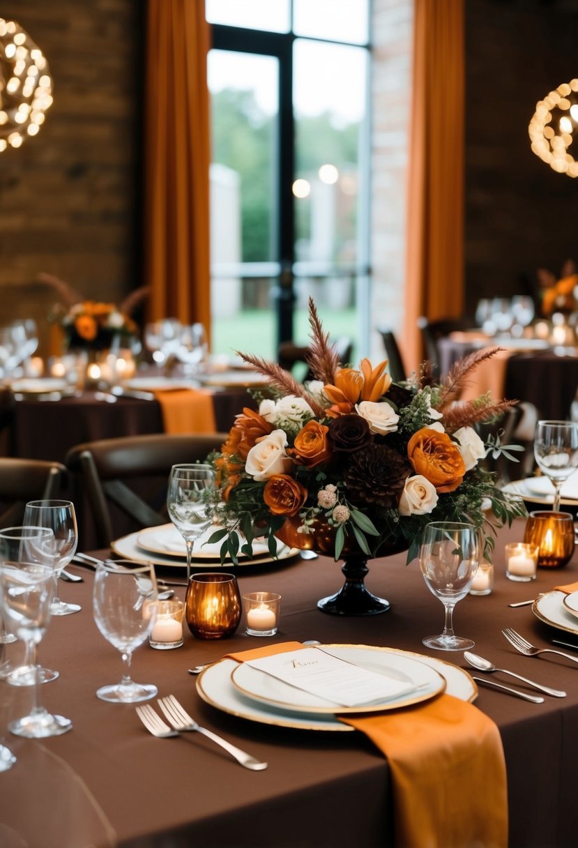 A rich chocolate brown and burnt orange color palette adorns an elegant wedding table setting with floral centerpieces and decorative accents