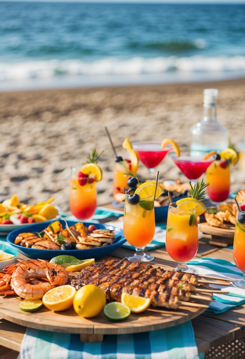 A beachside barbecue feast with a spread of grilled seafood, fresh fruits, and colorful cocktails set up on a wooden picnic table with the ocean in the background