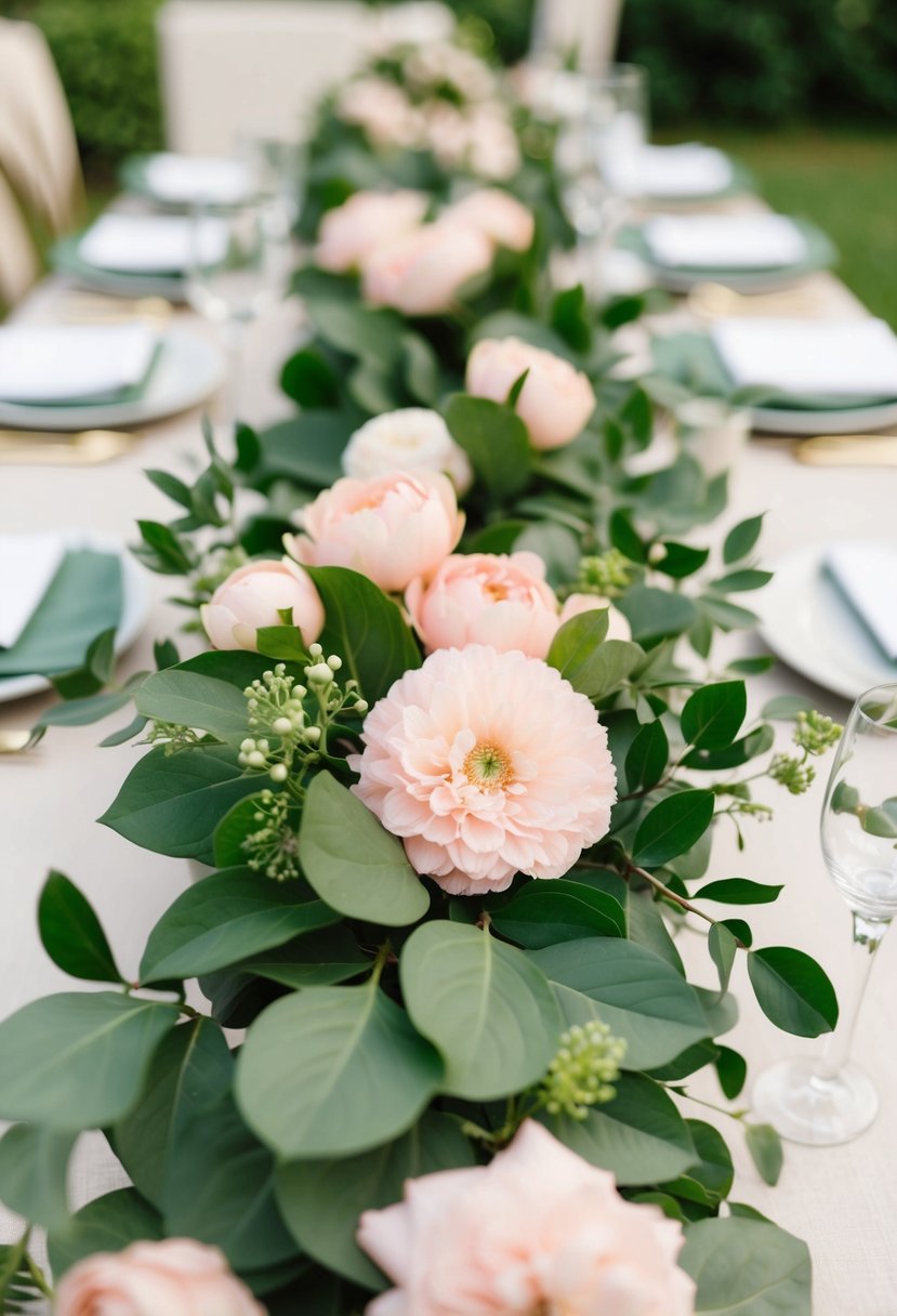 A serene outdoor wedding setting with army green foliage and blush pink flowers creating a soft, romantic contrast