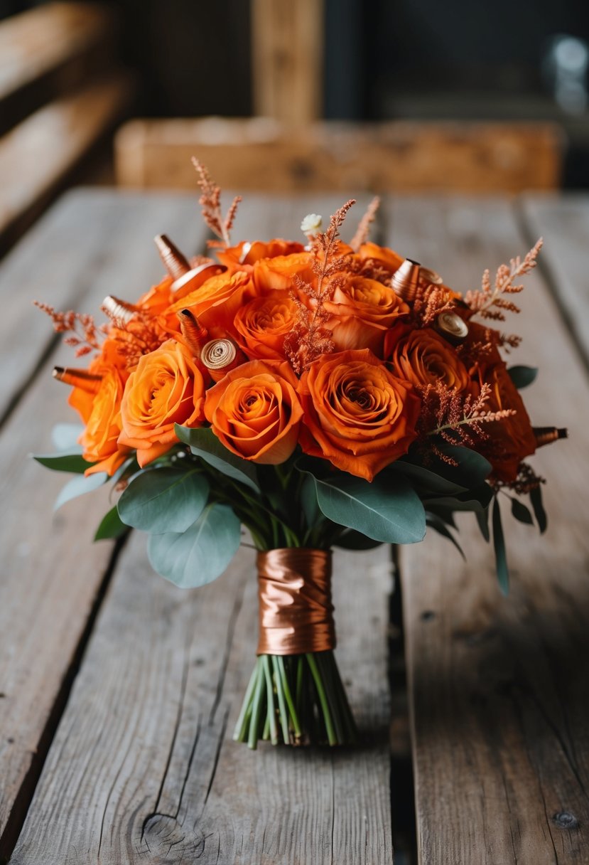 A burnt orange wedding bouquet with copper accents sits on a rustic wooden table