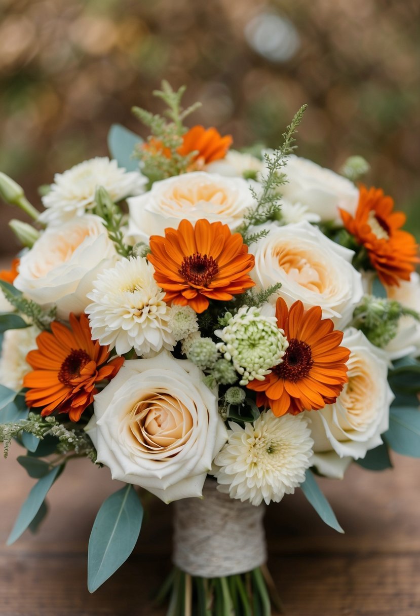 Ivory flowers with burnt orange highlights in a rustic wedding bouquet