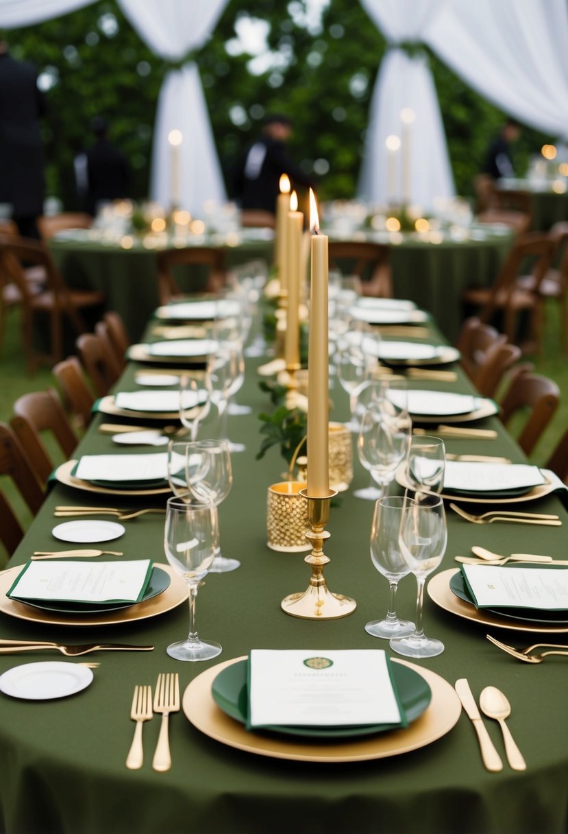 An army green tablecloth adorned with gold candle holders, cutlery, and centerpieces