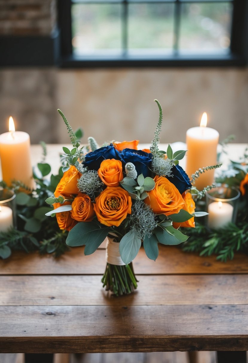 A burnt orange, sage, and navy blue wedding bouquet sits on a rustic wooden table with greenery and candles