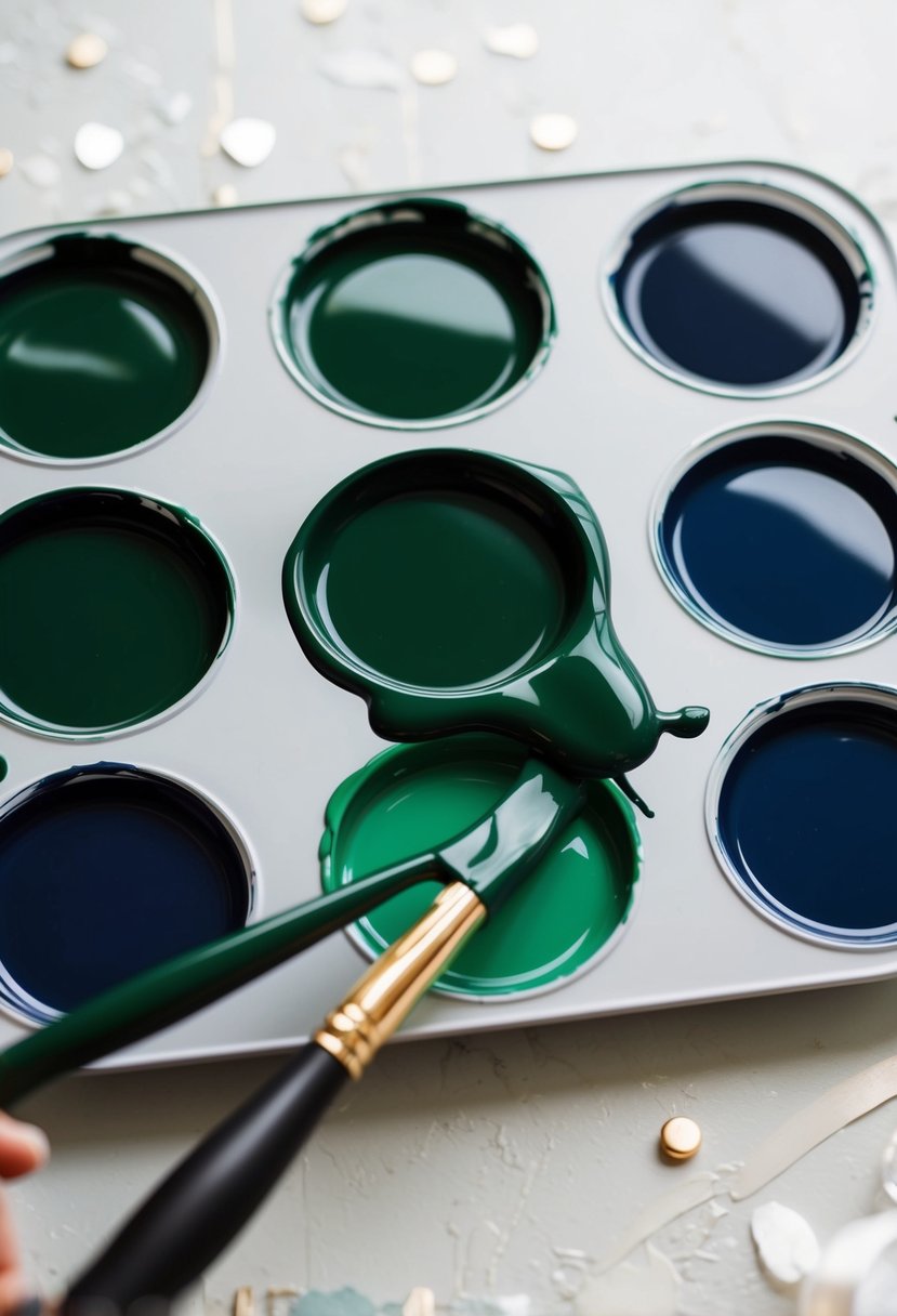 Army green and navy paint mixing on a palette, creating a bold color for a wedding theme