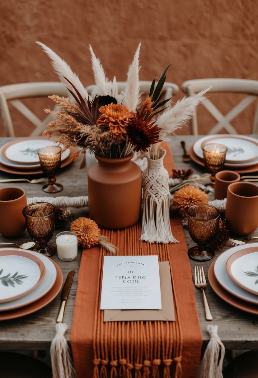 A terracotta and burnt orange boho wedding table setting with macrame accents and dried florals