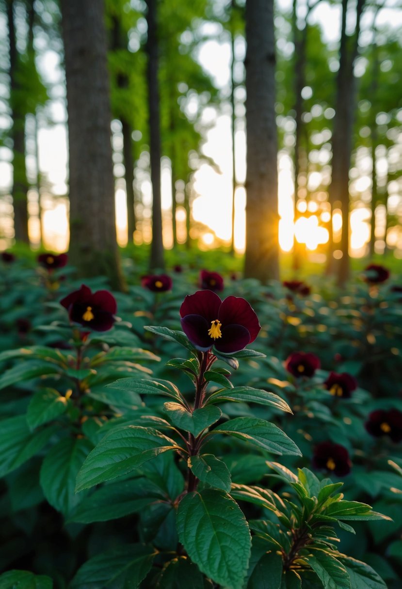 A lush forest with army green foliage and deep burgundy flowers, set against a golden sunset