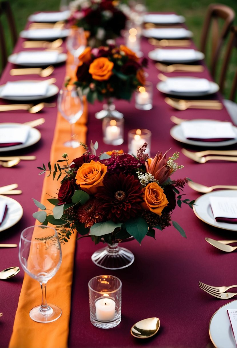 A rich burgundy and burnt orange color palette adorns a wedding table with floral centerpieces and elegant place settings