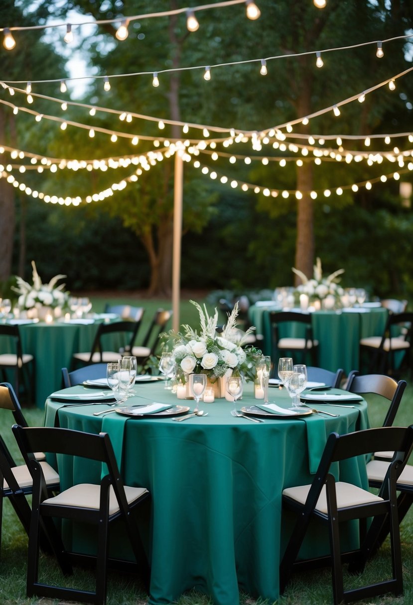 An outdoor wedding reception with army green tablecloths and ivory centerpieces under twinkling string lights