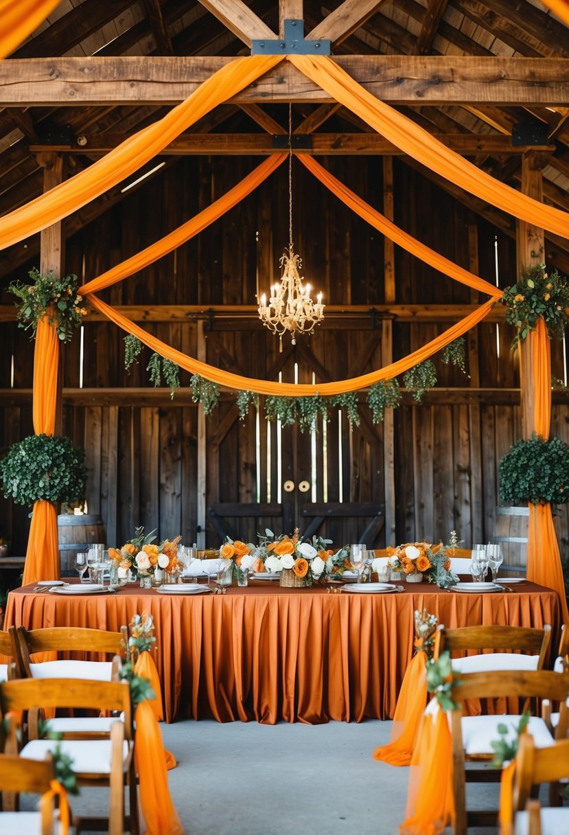 A rustic barn adorned with burnt sienna and olive green decorations for a burnt orange wedding celebration