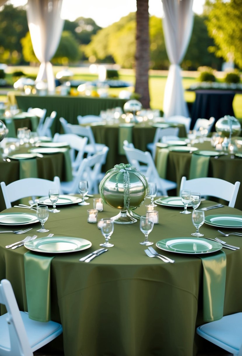 Army green wedding decor with metallic silver accents: tablecloths, centerpieces, and ribbons