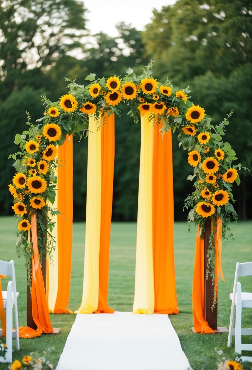 A sunflower yellow and burnt orange wedding arch adorned with matching flowers and ribbons