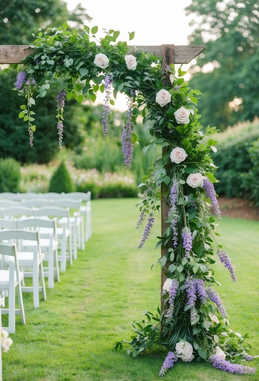 A serene garden wedding with army green foliage and lavender flowers cascading down a rustic archway