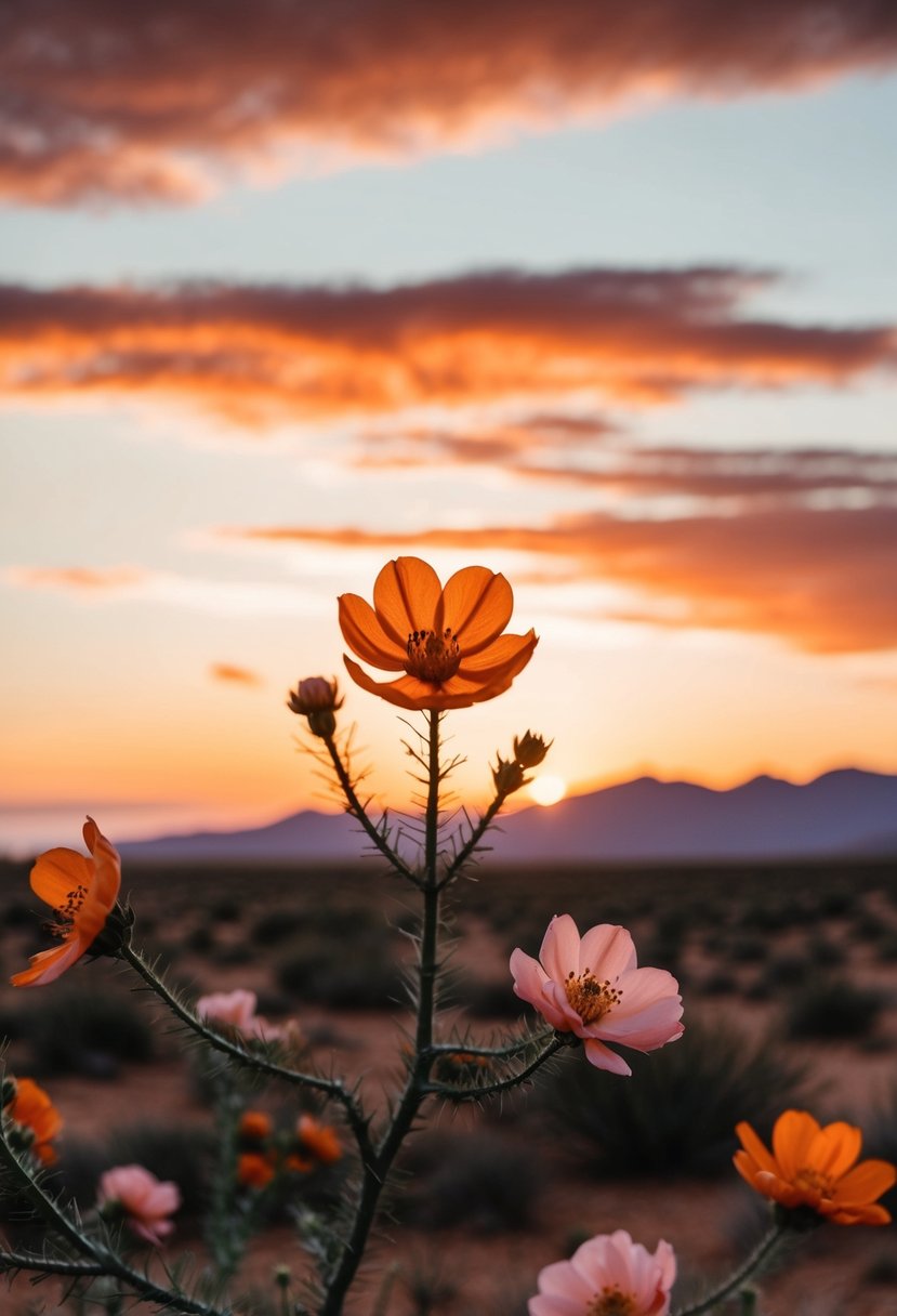 A sunset over a desert landscape with burnt orange and blush pink flowers in full bloom