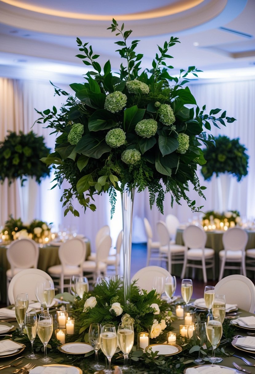 Lush army green foliage arranged in elegant centerpieces for a wedding reception