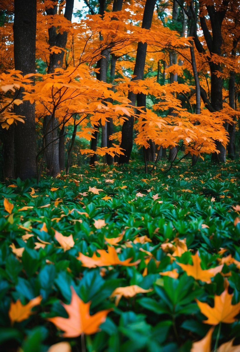 A lush forest with vibrant burnt orange leaves scattered throughout, creating a striking contrast against the rich green foliage