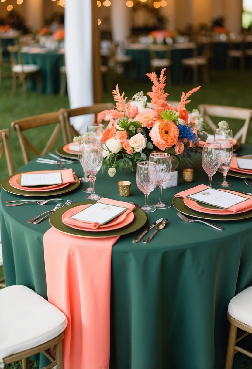 An army green and coral wedding table setting with vibrant floral centerpieces