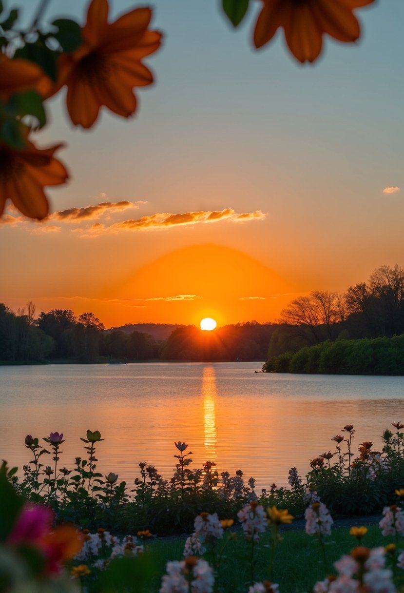 A tangerine and burnt orange sunset over a tranquil lake, surrounded by blooming flowers and lush greenery