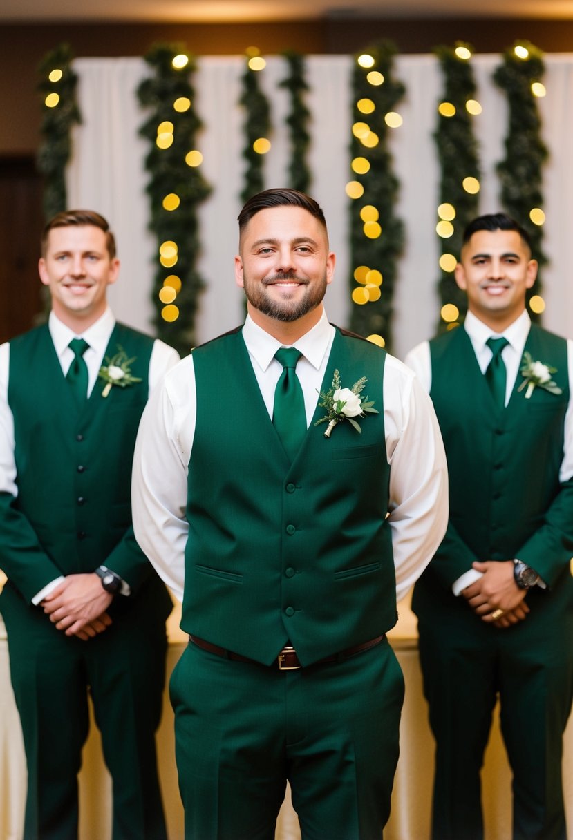 Groomsmen in army green ties stand against a backdrop of matching decor at a wedding reception