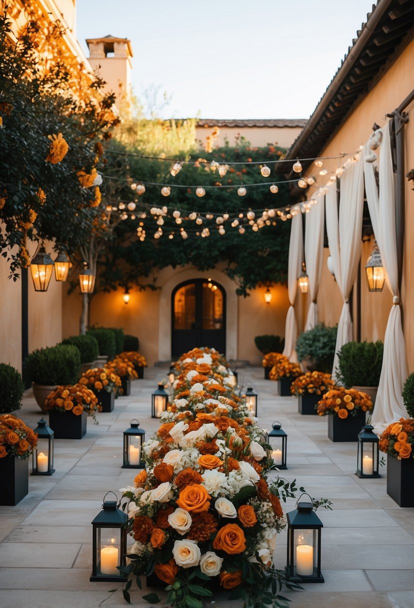 A sunlit courtyard adorned with burnt orange and ivory flowers, draped fabric, and glowing lanterns