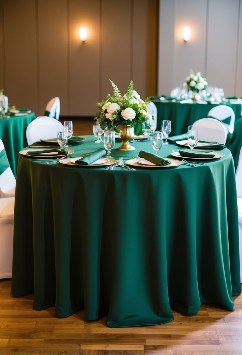 Army green table linens draped over tables at a wedding reception, with matching napkins and centerpieces