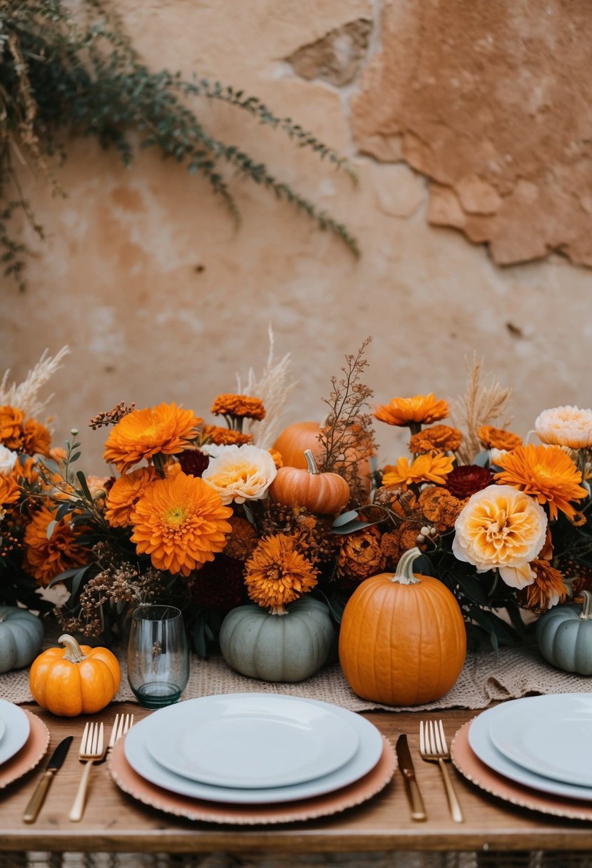 A rustic wedding table adorned with burnt orange and pumpkin-colored flowers, set against a backdrop of earthy tones and natural textures