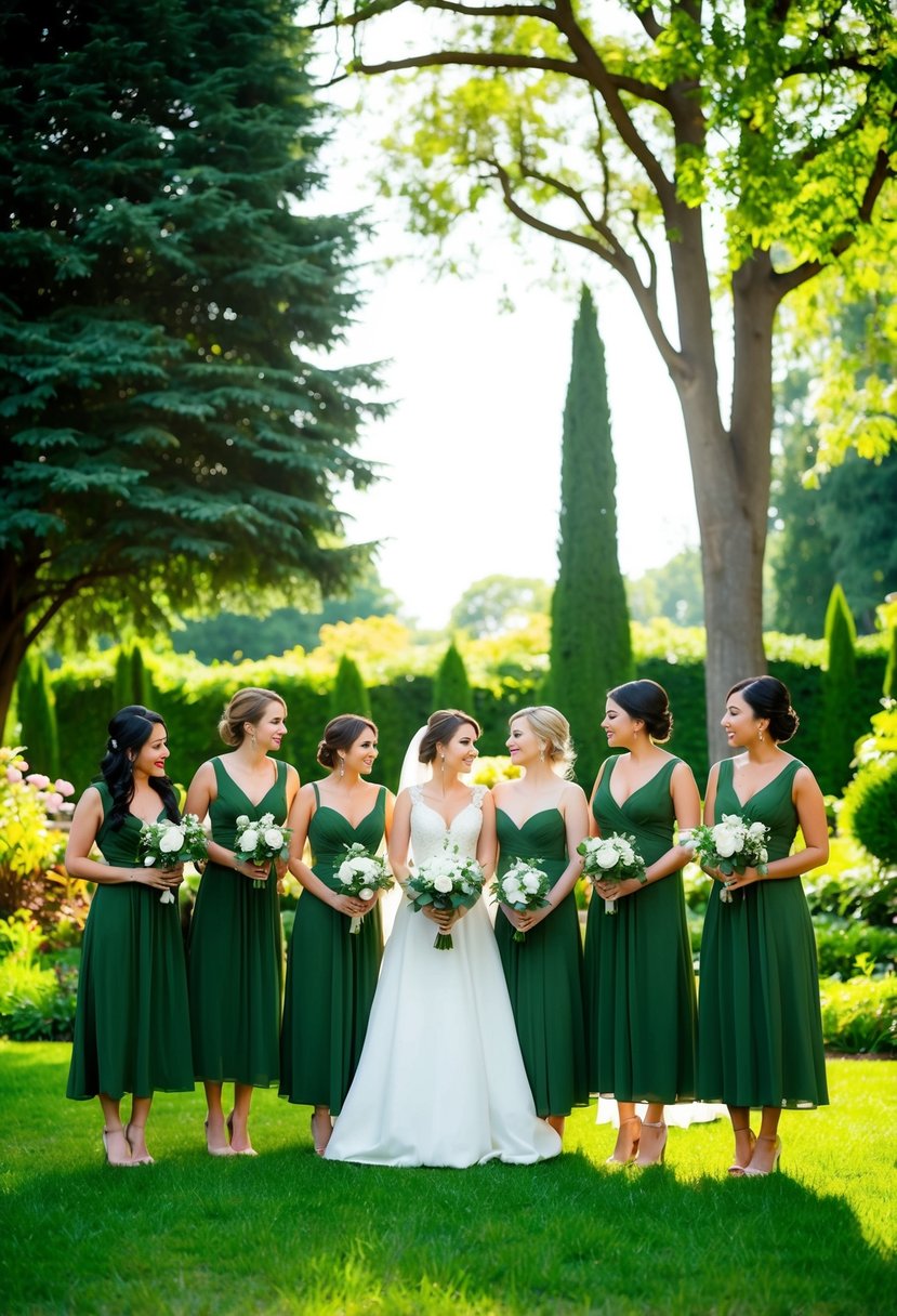 A group of bridesmaids in army green dresses stand in a lush garden, surrounded by tall trees and vibrant greenery. The sun casts a warm glow on the scene, creating a serene and romantic atmosphere