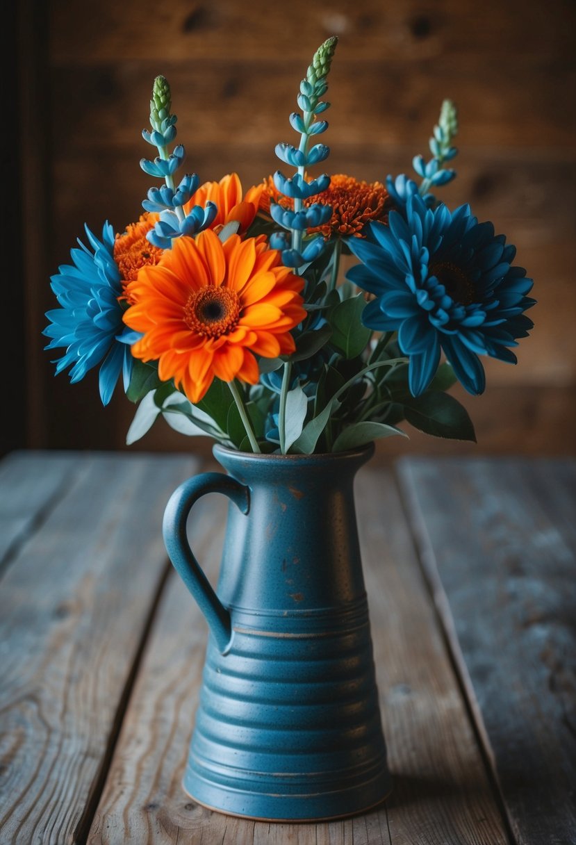 Slate blue and burnt orange flowers arranged in a rustic vase on a wooden table